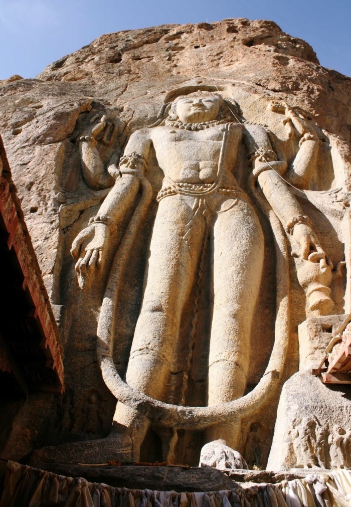 Just a kilometre after Mulbekh town, is the famous Chamba Statue, a striking enormous figure carved into the rock face. It pictures a standing Maitreya Buddha or Buddha-to-come overlooking the old trade route and modern highway. Modern scholars date it as being from around the eighth century.